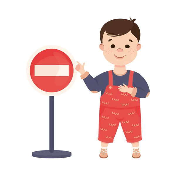 Little Boy Pedestrian Learning Road Sign and Traffic Rule Vector Illustration — Stock Vector