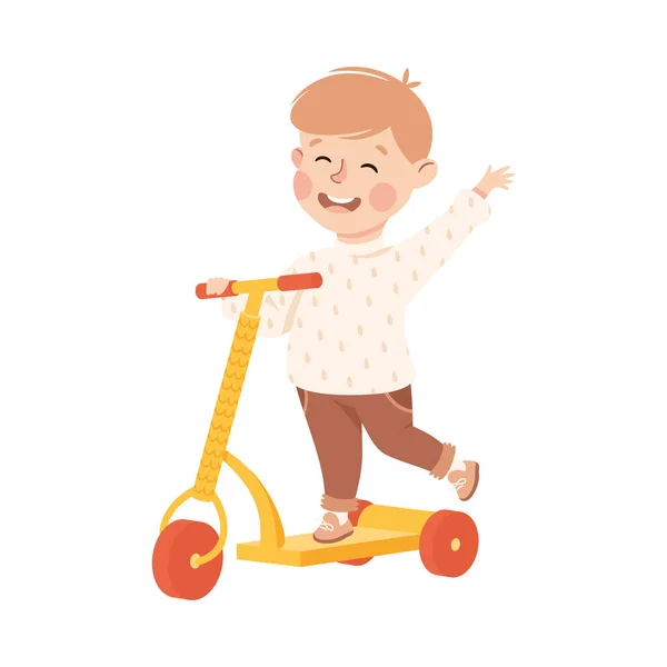 Sorrindo Boy Riding no pontapé Scooter Empurrando fora do chão e acenando mão Vector Ilustração — Vetor de Stock