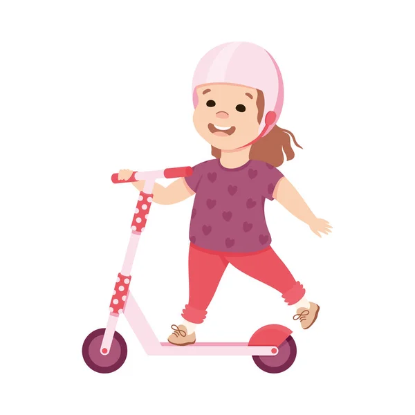 Kislány sisakban Lovaglás Rúgás Scooter lelökte a földre vektor illusztráció — Stock Vector