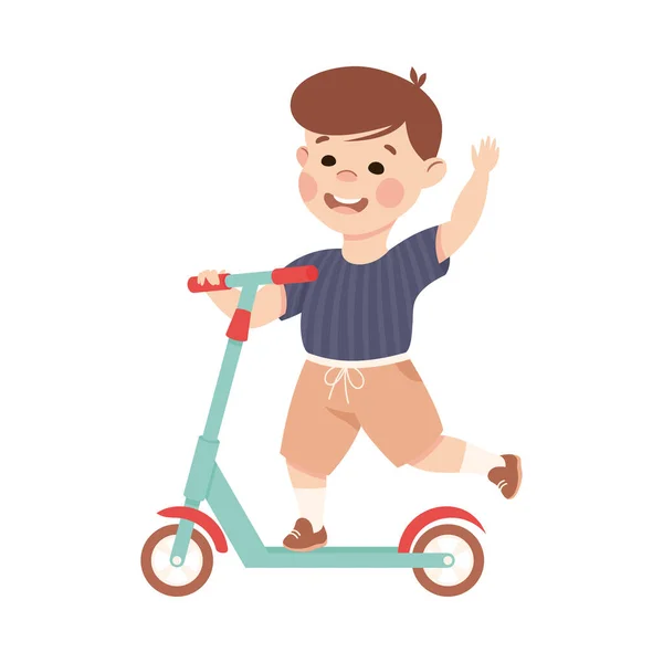 Niño sonriente montando en patada Scooter empujando el suelo y agitando la mano Vector Ilustración — Archivo Imágenes Vectoriales