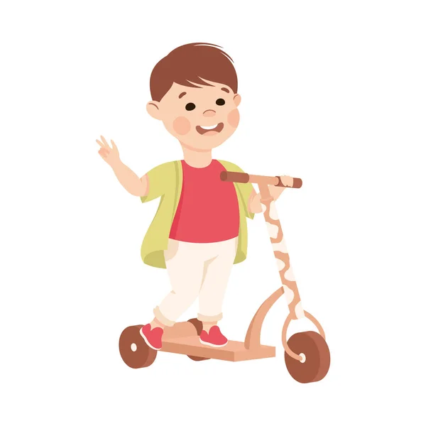 Мальчик-кузнец, катающийся на скутере с горки и ждущий вектора — стоковый вектор