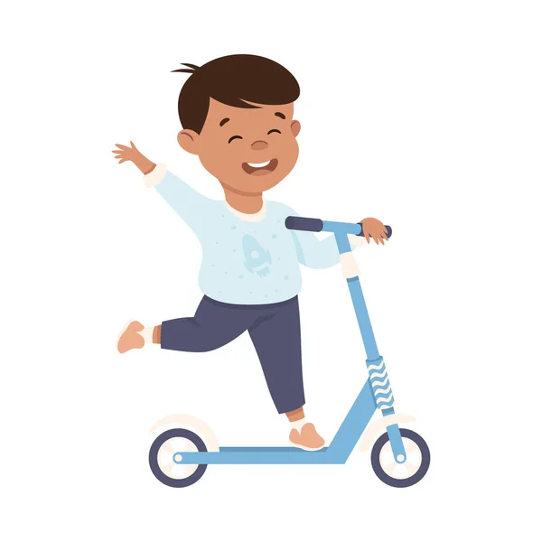 Sorrindo Boy Riding no pontapé Scooter Empurrando fora do chão e acenando mão Vector Ilustração — Vetor de Stock