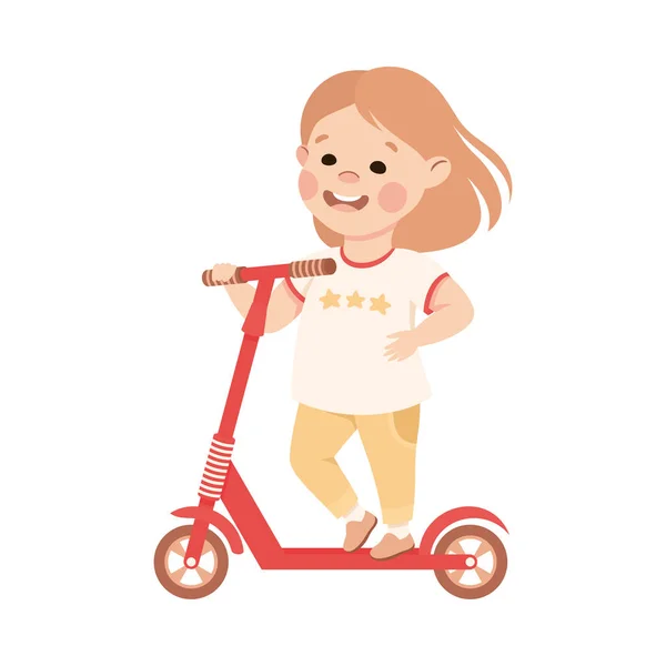 Feliz niña montando en patada scooter empujando el suelo Vector ilustración — Vector de stock