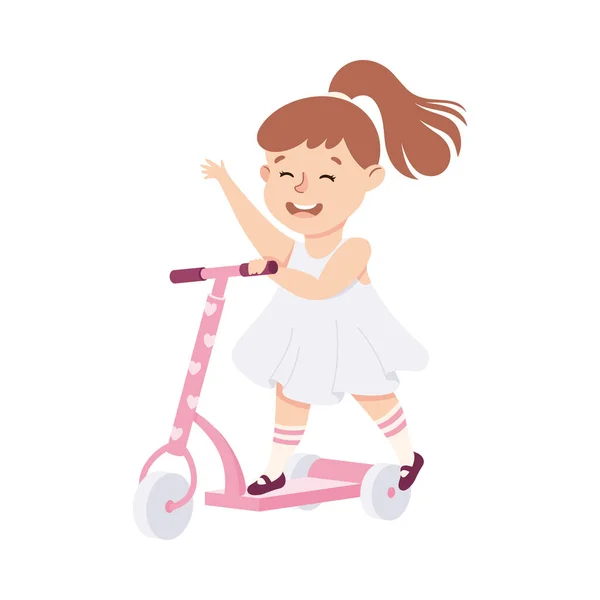 Smiling Girl Riding on Kick Scooter Pushing Off the Ground and Waving Hand Vector Illustration — Stock Vector