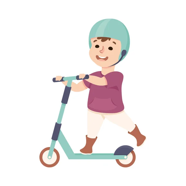 Kleine jongen in helm paardrijden op kick scooter duwen van de grond vector illustratie — Stockvector