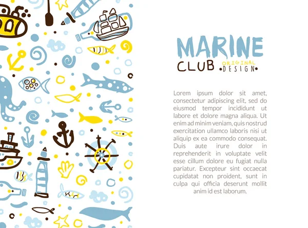 Marine Club Card Template, Poster, Banner, Hintergrund mit nautischen nahtlosen Muster und Text-Vektor-Illustration — Stockvektor