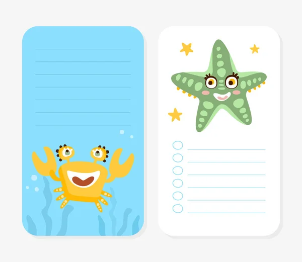 Cute Lined Card Design with Marine Animal and Comic Underwater Creatures Vector Template — Stock Vector