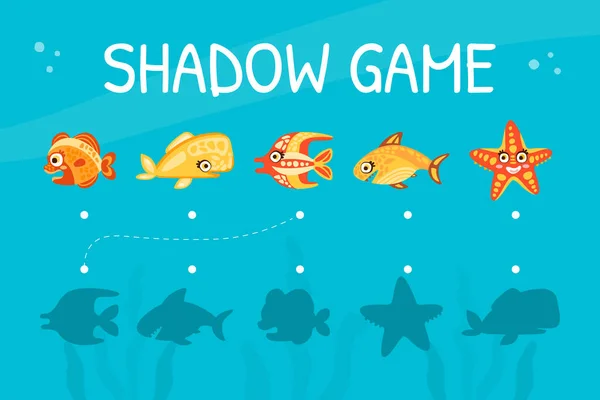 Shadow Game Card con animales marinos lindos y criaturas submarinas cómicas Plantilla vectorial — Vector de stock