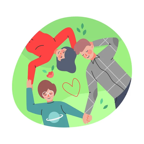 Happy Family with Mother, Father and Little Son Lying on Green Lawn in Circle Frame Above View Vector Illustration — Stock Vector