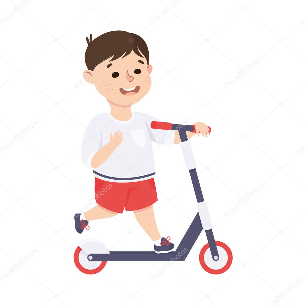 Happy Little Boy Riding on Kick Scooter Pushing Off the Ground Vector Illustration