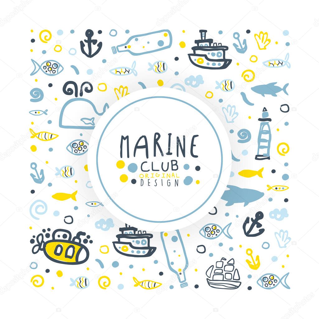 Marine Club Banner Template, Poster, Card, Background with Nautical Seamless Pattern Design Vector Illustration
