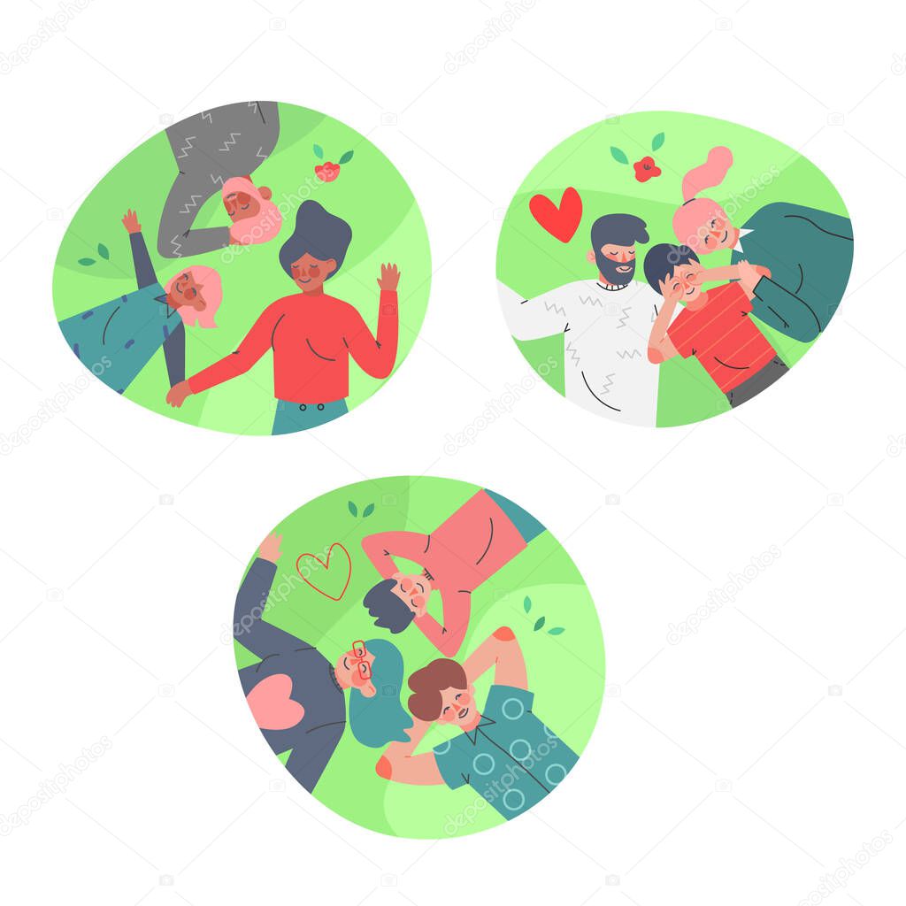 Happy Family with Mother, Father and Little Kid Lying on Green Lawn in Circle Frame Above View Vector Set