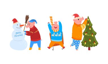 Hoş Komik Domuz Karakterleri, Sıcak, Parlak Giysiler Giyen, Eğlenceli Domuzlar, Noel Ağacı Süsleme ve Kardan Adam Çizgi Filmi Vektör Çizimi