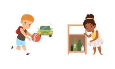 Tehlikeli Durum Seti 'nde Çocuklar, Tehlikeli Maddelere Erişen Şirin Kız, Hareket Eden Araba Çizgi Filmi Vektör İllüzyonu' nun önünde Top Oynayan Erkek