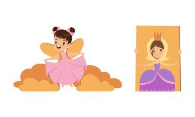 Şirin Çocuklar Karton Kutu Seti, Küçük Kızlar Prenses Vektör İllüzyonunu Oynuyor