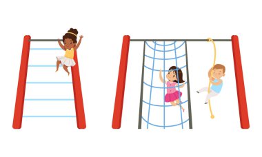 Kids Having Fun on Playground Set, Little Children Swinging on Swing and Climbing up Rope Ladder Cartoon Vector Illustration clipart