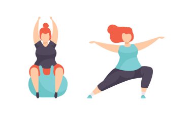 Kilolu İnsanlar Spor Seti Yapıyor, Tombul Kızlar Yoga Yapıyor, Fitbitball Üzerinde Egzersiz Yapıyor, Kilo Verme Programı Düz Vektör İllüzyonu