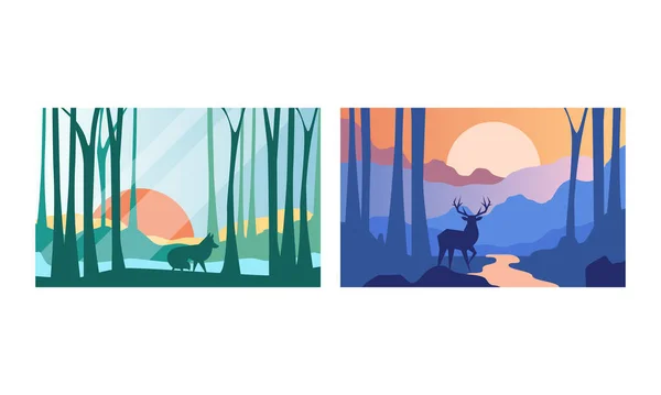 Bellissimo paesaggio naturale set, foresta selvaggia scenario con lupo e cervo animali selvatici vettoriale illustrazione — Vettoriale Stock
