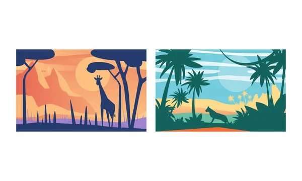 Beau paysage naturel, Paysage tropical avec léopard et girafe Animaux sauvages, Habitants de la savane exotique, Illustration vectorielle du parc national africain — Image vectorielle