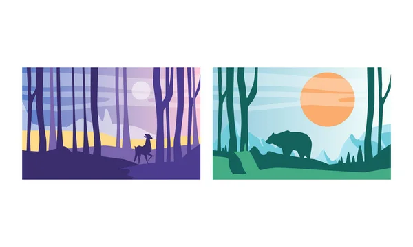 Beautiful Natural Landscape Set, Wilderness Scenery with Deer and Bear Wild Animals, Exotic Savanna Inhabitants, African National Park Vector Illustration — Stock Vector