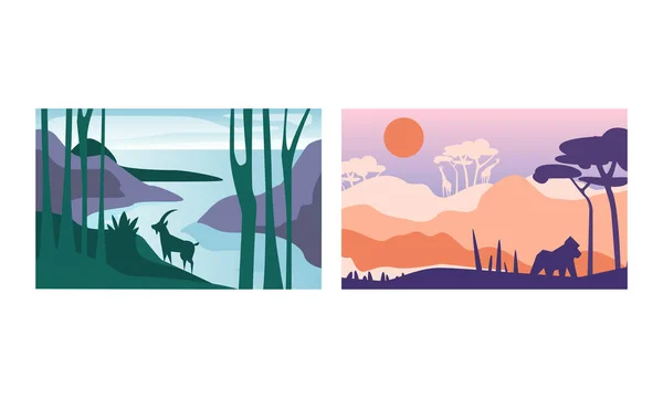 Beautiful Natural Landscape Set, Tropical Scenery with Orangutan and Antelope Wild Animals Vector Illustration — Stock Vector