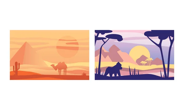 Beautiful Natural Landscape Set, Tropical Scenery with Wild Animals, Exotic Savanna Inhabitants, African National Park Vector Illustration — Stock Vector