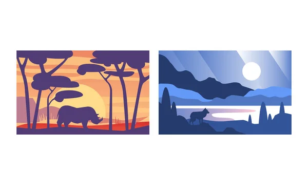 Beautiful Natural Landscape Set, Wilderness Scenery with Wild Animals Silhouettes Vector Illustration — Stock Vector
