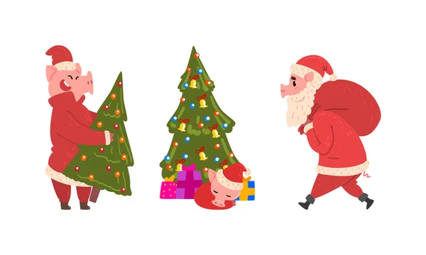 アクションセットの豚クリスマスキャラクター、サンタのかわいい豚のキャラクター赤いギフト袋とクリスマスツリー漫画ベクトルイラストを運ぶ衣装 — ストックベクタ