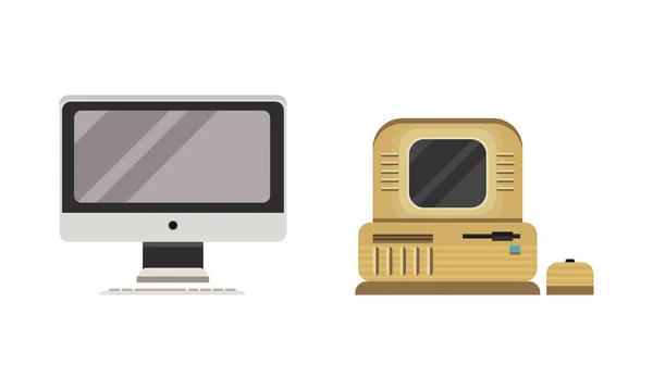 Set of Old Fashioned Personal Computers, Retro Office Workspace Devices Flat Vector Illustration — Stock Vector