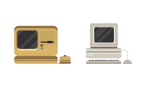 Ensemble de vieux ordinateurs personnels, appareils de bureau rétro Illustration vectorielle plate — Image vectorielle