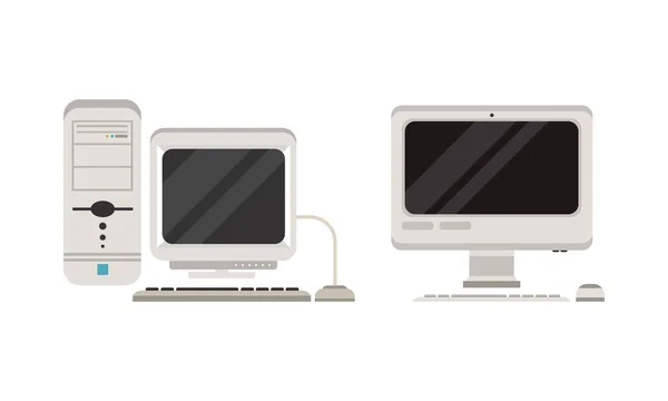 一套老式时尚个人电脑、复古办公空间装置、带键盘的Pc监视器及鼠标平面矢量图解 — 图库矢量图片