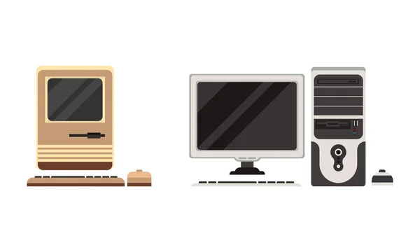 Conjunto de computadoras personales retro, dispositivos de espacio de trabajo de oficina antiguos, monitor de PC con teclado e ilustración de vectores planos de ratón — Archivo Imágenes Vectoriales