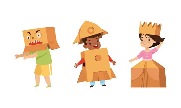 Lindos niños pequeños jugando cajas de cartón, niños pequeños jugando astronauta y princesa ilustración vectorial de dibujos animados — Vector de stock