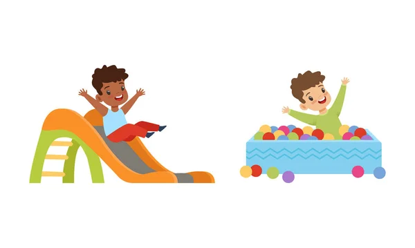 Kids Having Fun on Playground Set, Little Children Sliding Down Slide and Playing in Pool with Colorful Balls Cartoon Vector Illustration — Stock Vector