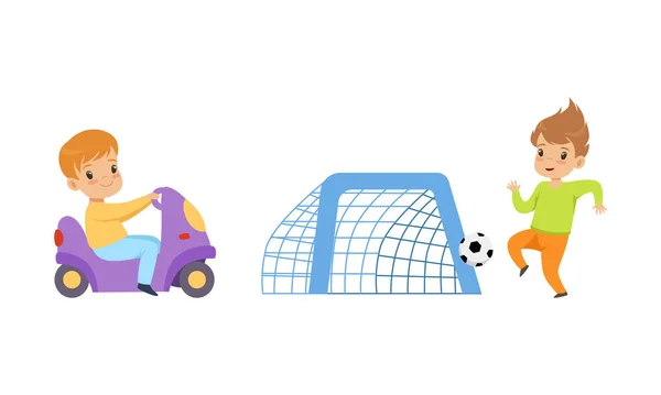 Los niños que se divierten en el juego del patio, niños pequeños que juegan al fútbol, montar el juguete de la motocicleta Dibujos animados Vector Ilustración — Archivo Imágenes Vectoriales