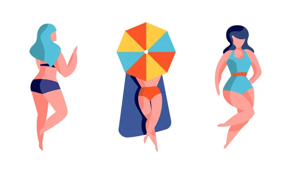 Vue du dessus de belles femmes bronzant sur le plateau de plage, les filles en maillots de bain se détendre pendant les vacances d'été Illustration vectorielle de bande dessinée — Image vectorielle
