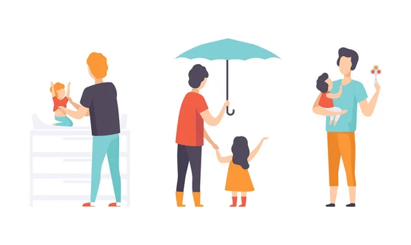 Papás cuidando a sus hijos, Padre vistiendo a su bebé, jugando a la sonajero, caminando con su hija bajo paraguas plana Vector Ilustración — Archivo Imágenes Vectoriales