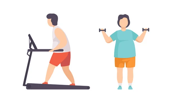 Orang yang kelebihan berat badan Melakukan Olahraga Set, orang gemuk Berjalan di Treadmill, Berolahraga dengan Dumbbells, Weight Loss Program Konsep Flat Vector Illustration - Stok Vektor