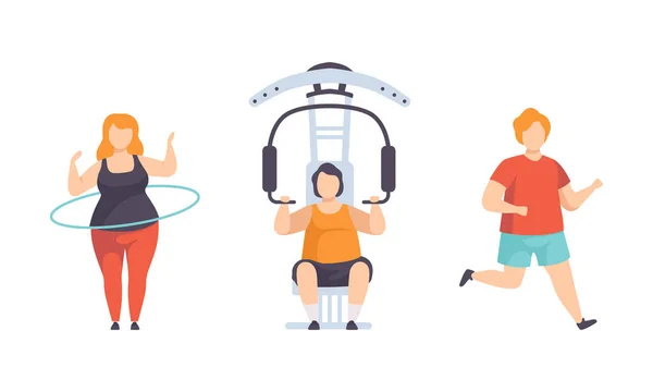 Nadváha Lidé dělají sportovní set, Tlustý muž a žena flexing svaly na trenér tělocvična, běh, spinning Hula Hoop ploché vektorové ilustrace — Stockový vektor