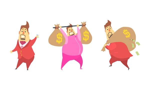 Funny bohatý milionář set, tučný podnikatel postava nošení peněz pytle Cartoon Vector Illustration — Stockový vektor
