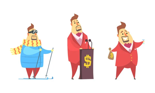 Funny Rich Millionaire Set, Fat Businessman Charakter Reden und Skifahren Cartoon Vector Illustration — Stockvektor