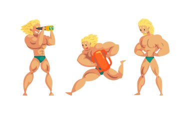 Kaslı Adam Sahil Cankurtaranı Güvenliği Sağlama, Profesyonel Kurtarma Karakteri Eylem Ayarlı Çizgi film Vektörü Resimleri