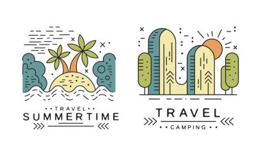 Yaz Zamanı Logo Tasarım Seti, Seyahat Rozetleri veya Etiketler Çizgi Film Vektör İllüstrasyonu