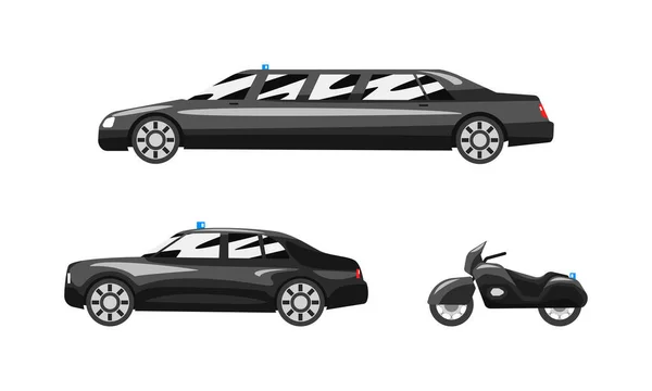 Set of Black Cars Luxury Road Vehicles, Side View of Sedan, Limousine, Motorcycle Flat Vector Illustration — Stock Vector