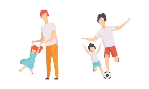 Padres y sus hijos pasando un buen rato juntos, papá balanceándose hija sosteniendo sus manos y jugando al fútbol con hijo plana Vector ilustración — Vector de stock