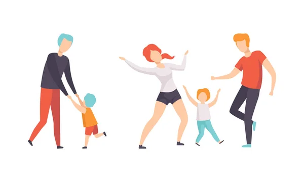 Familias y sus hijos divirtiéndose juntos, padres e hijos bailando ilustración vectorial plana — Vector de stock