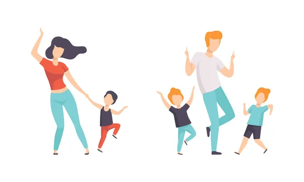 Rodiče a jejich děti baví spolu set, máma, táta a děti taneční ploché vektorové ilustrace — Stockový vektor