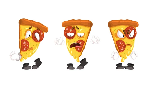 Set de rebanadas de pizza divertidas, personajes de comida rápida lindos con caras emocionales ilustración vectorial de dibujos animados — Vector de stock