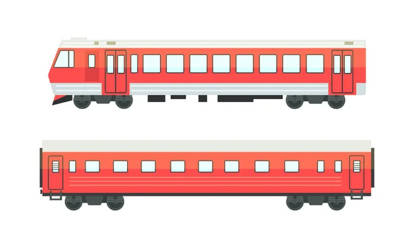 Railway Passenger Suburban Vehicles Set, Side View of Locomotive and Wagon Railroad Transport Flat Vector Illustration — Stock Vector