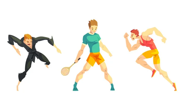 Atletas profesionales que hacen el sistema de los deportes, combatiente masculino del karate, jugador de tenis, ilustración del vector de la historieta del corredor — Vector de stock